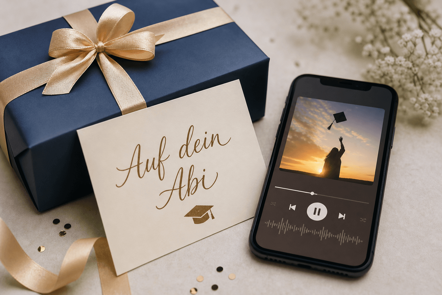 Elegantes Geschenk mit Karte zum Abi neben einem Smartphone, auf dem ein personalisierter Song abgespielt wird.