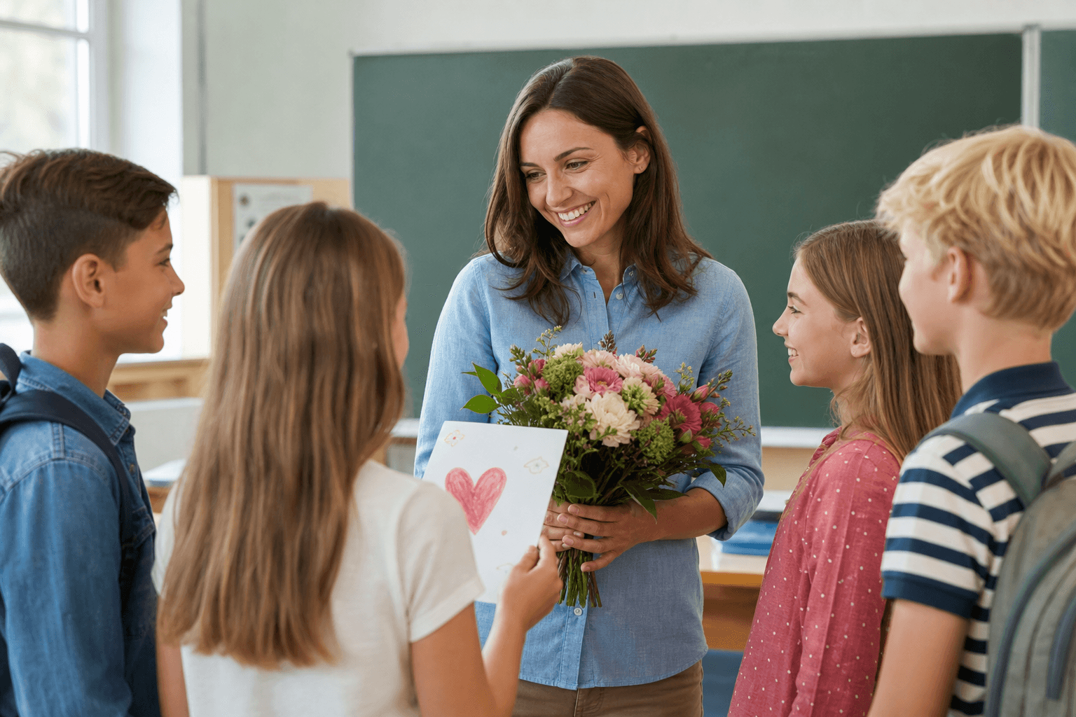 Schüler überreichen einer Lehrerin Blumen und eine Karte zum Abschied