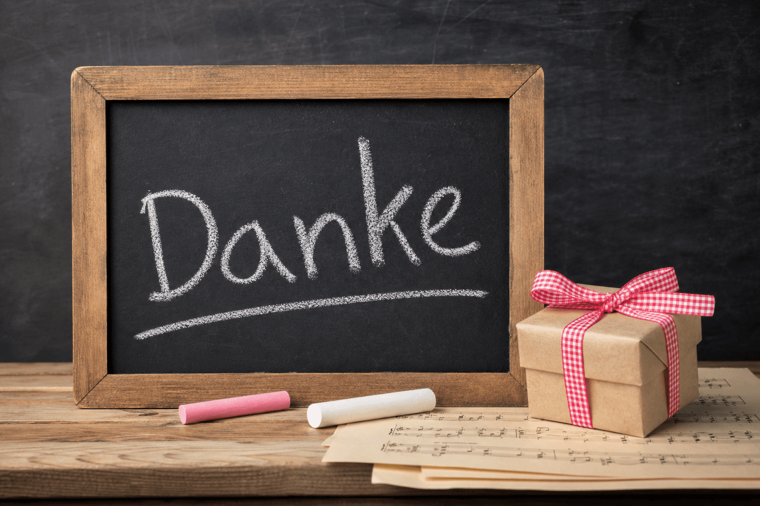 Tafel mit Danke-Schriftzug, Noten, Kreide und kleinem Geschenk