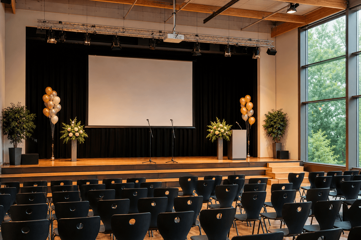 Festlich dekorierte Schul-Aula mit Bühne, Beamer und Mikrofonen für eine Abschlussfeier in der Schule