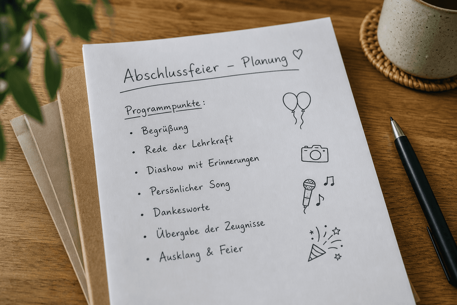 Planungszettel für eine Abschlussfeier mit Programmpunkten Rede, Diashow und persönlicher Song