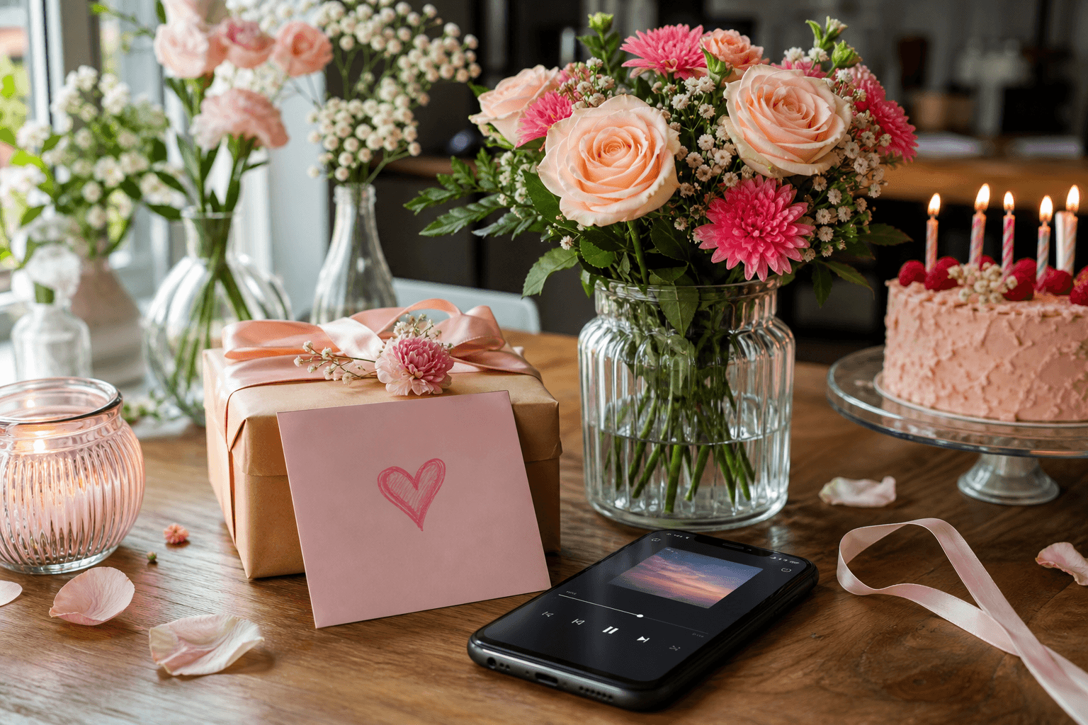 Liebevoll dekorierter Tisch mit Blumen, Geschenk, Karte und Smartphone, auf dem ein persönlicher Song läuft