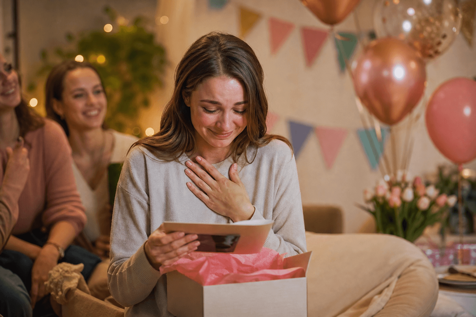 Freundin öffnet gerührt ein persönliches Geschenk vor dezenter Dekoration