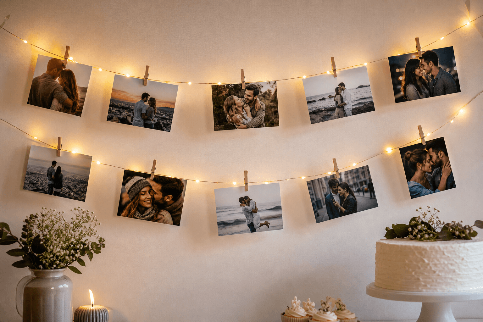 DIY-Geburtstagsdeko mit Fotos und Lichterkette an einer Wand