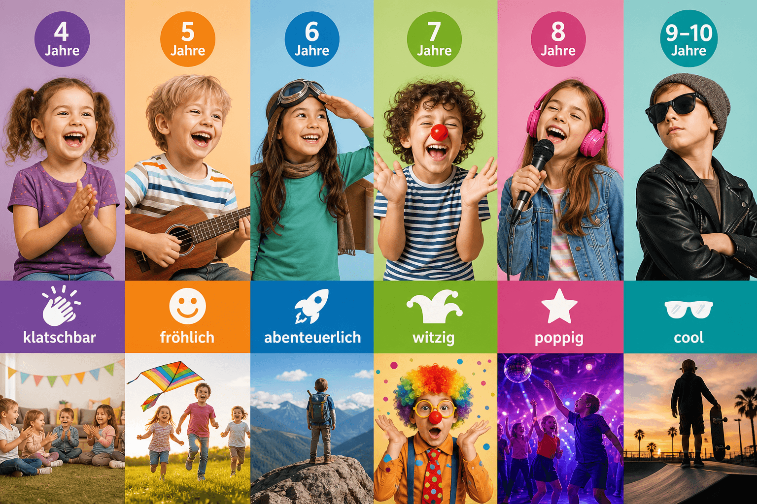 Altersgerechte Infografik zu Geburtstagsliedern für Kinder von 4 bis 10 Jahren mit Musikstilen von verspielt bis cool
