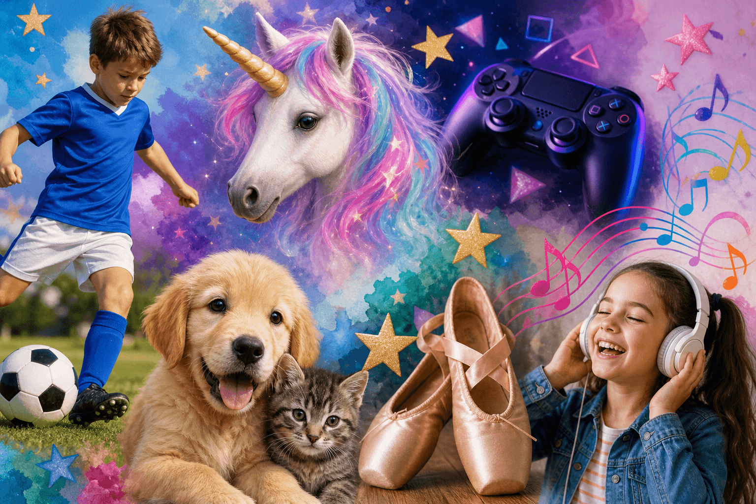 Bunte Collage aus Kinderhobbys wie Fußball Einhorn Gaming Tanzen Tiere und Musiknoten