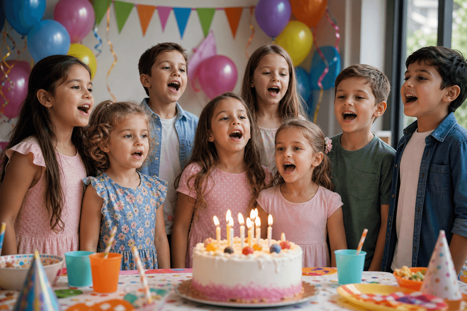 Kinder unterschiedlichen Alters singen gemeinsam einen personalisierten Refrain auf einer Geburtstagsfeier