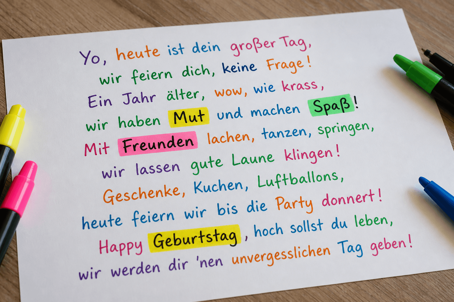 Bunte Rap-Textzeilen auf Papier mit markierten Wörtern wie Mut, Spaß, Freunde und Geburtstag