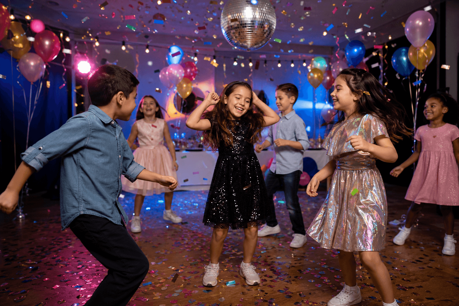 Kinder tanzen auf einer Geburtstagsparty zu einem coolen Beat mit Ballons, Discokugel und Konfetti
