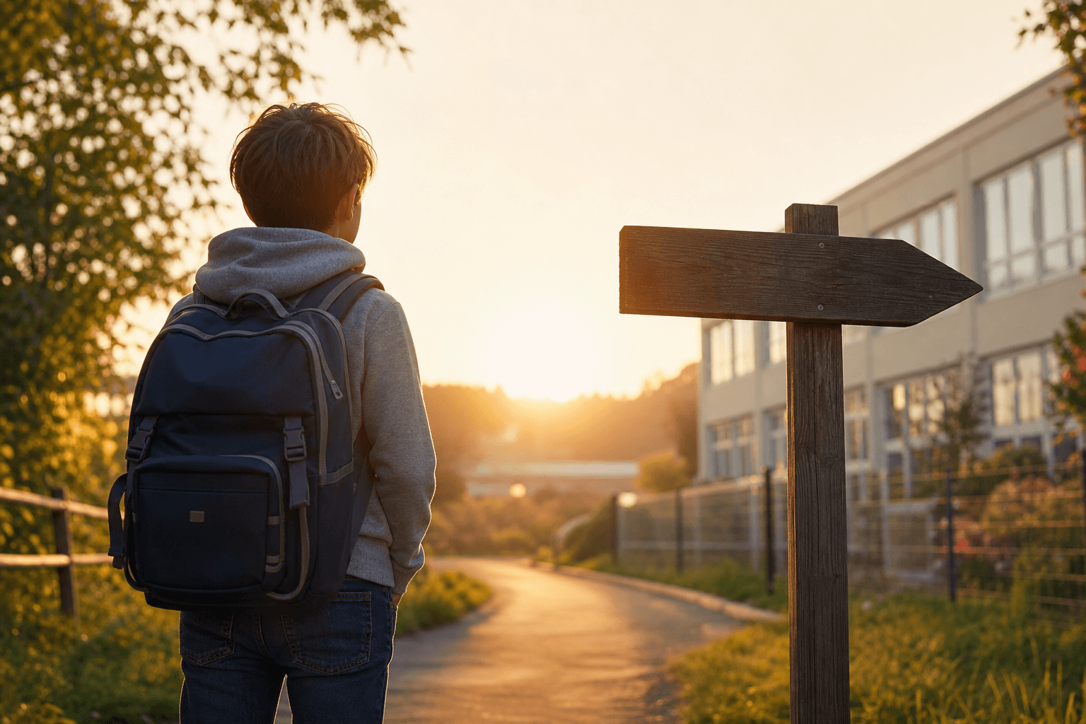 Kind mit Schulranzen steht bei warmem Morgenlicht an einem Wegweiser zur weiterführenden Schule