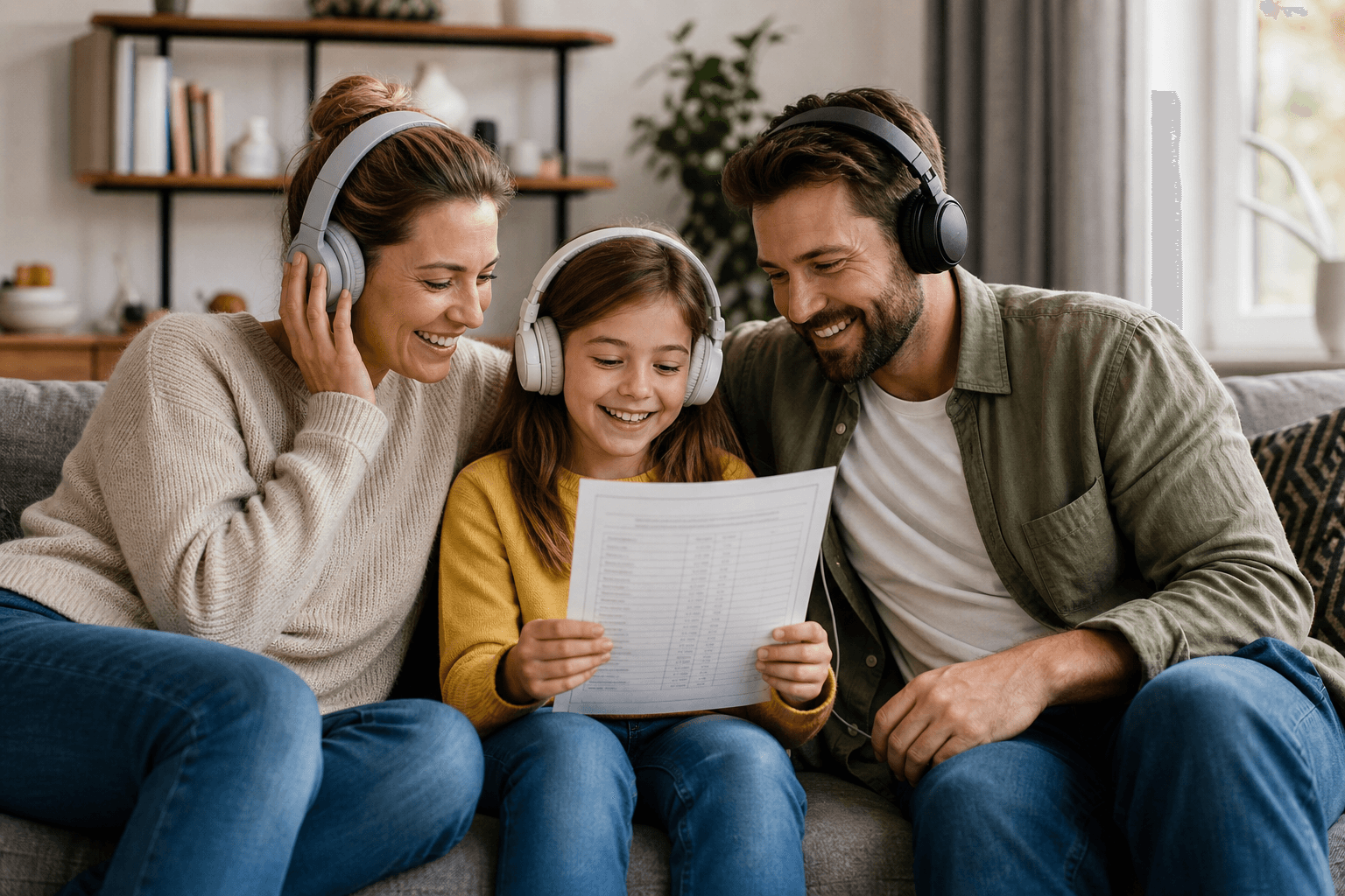 Familie hört gemeinsam ein persönliches Lied auf dem Sofa, während das Kind ein Grundschulzeugnis hält