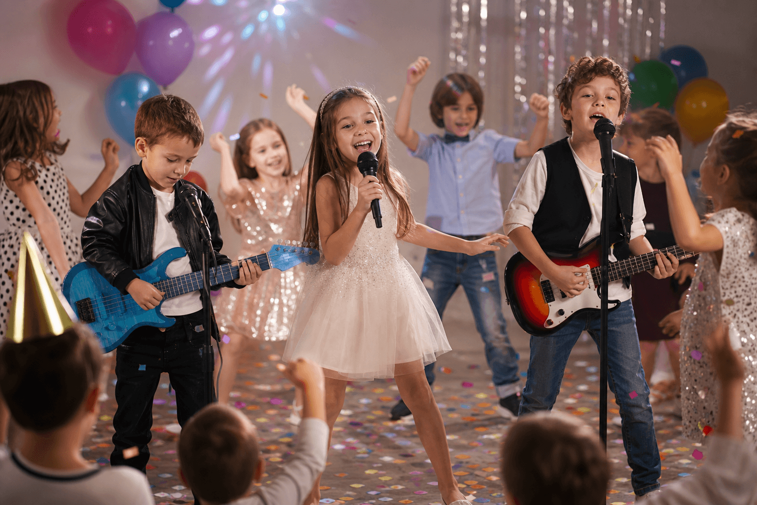 Illustration einer Kinderband auf einer Geburtstagsparty mit Mikrofonen, Konfetti und tanzenden Freunden