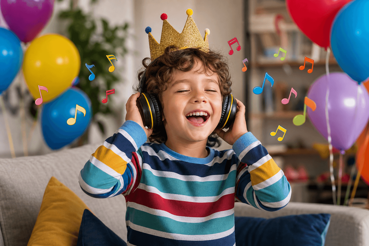 Fröhliches Kind mit Kopfhörern, Geburtstagskrone, Luftballons und bunten Musiknoten