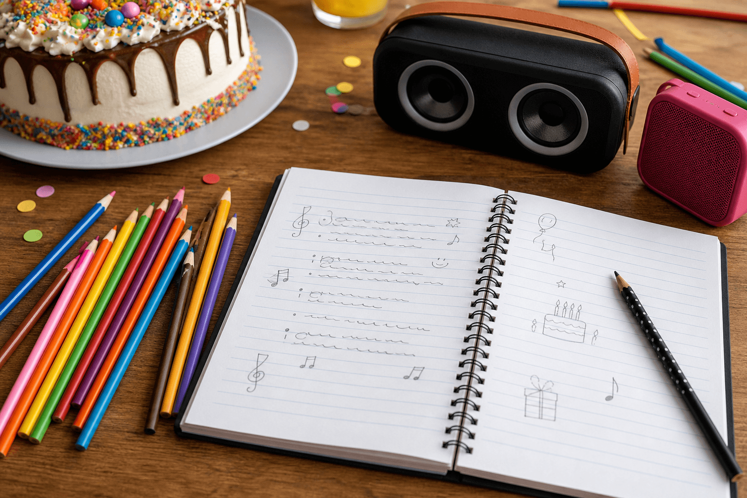 Notizbuch mit Ideen für ein Kinder-Geburtstagslied, Buntstiften, Kuchen und kleinen Lautsprechern
