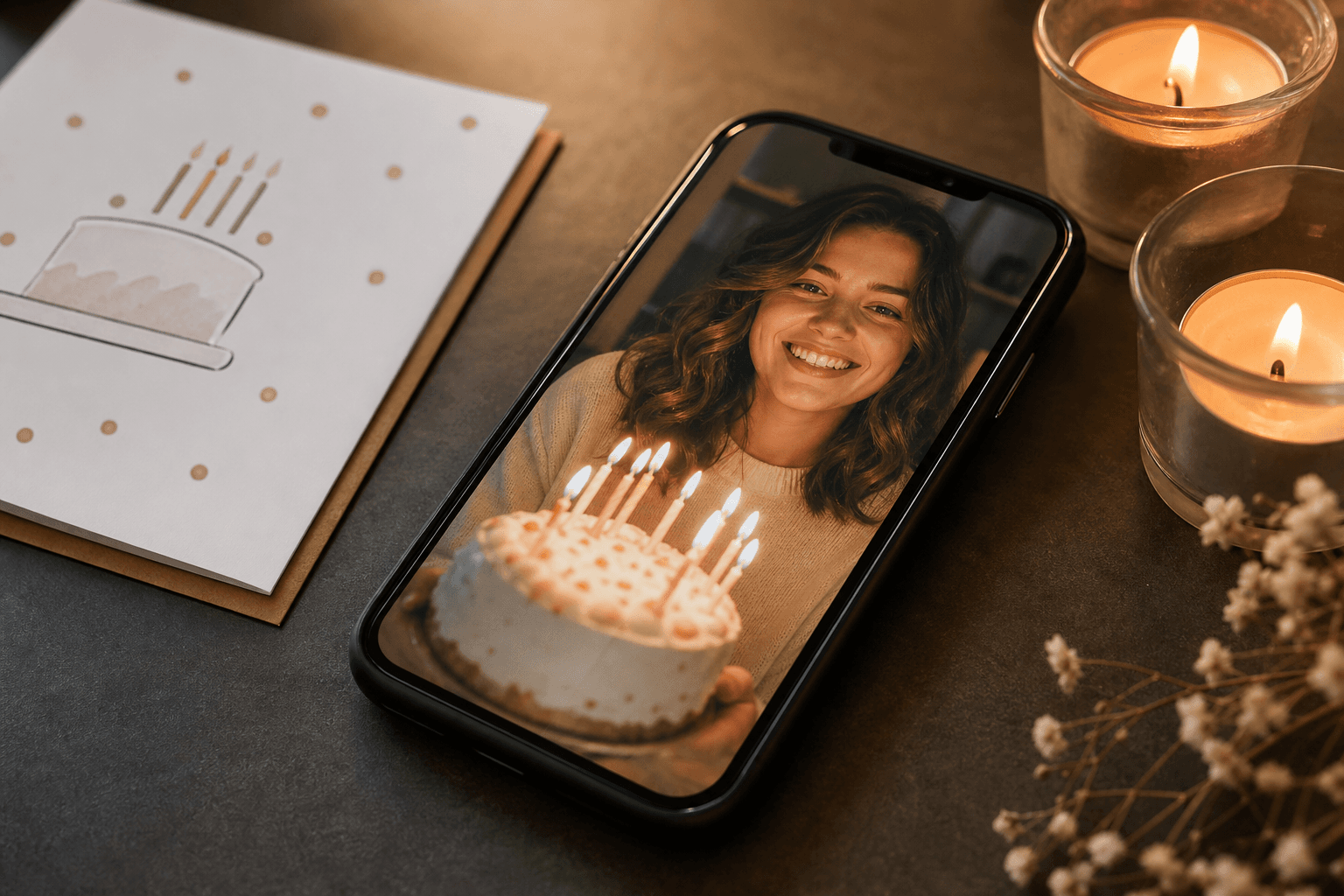 Smartphone zeigt eine digitale personalisierte Geburtstagsüberraschung für den Partner