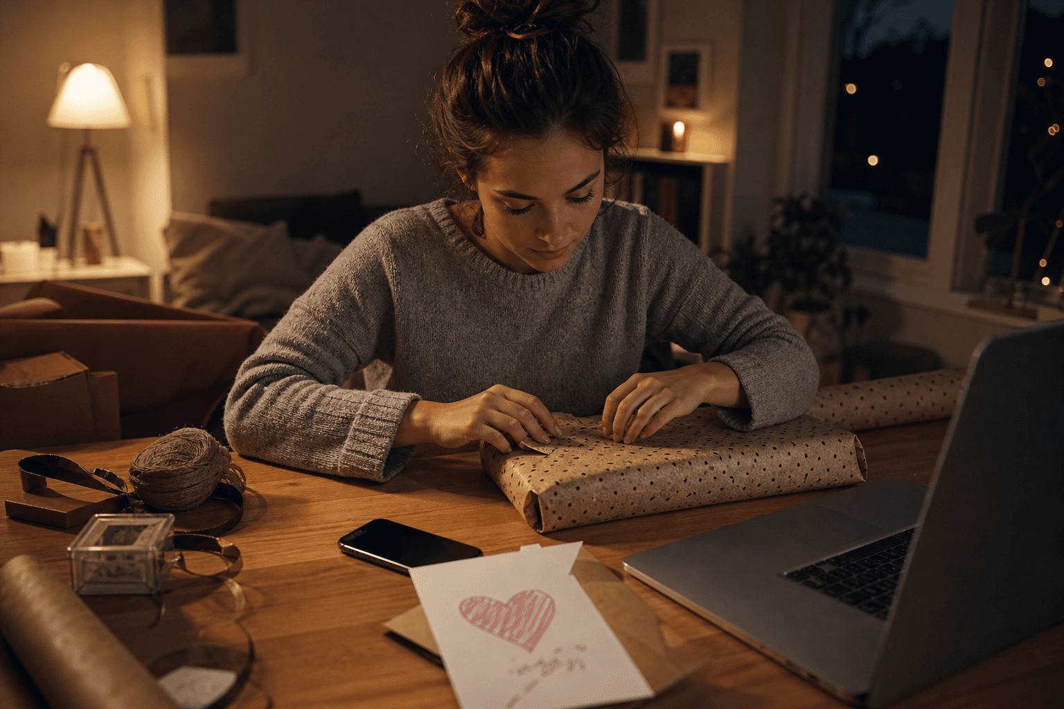Person verpackt kurz vor Mitternacht ein Geschenk neben Smartphone, Laptop und Geburtstagskarte