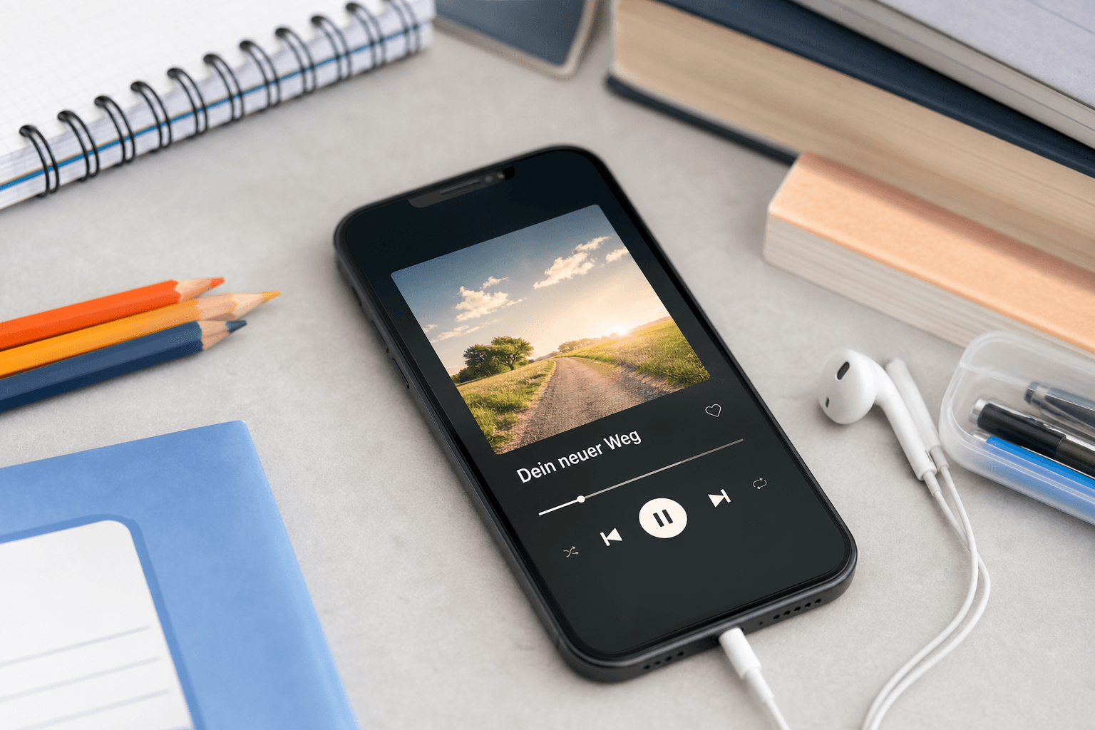 Illustration eines Musikplayers mit dem Songtitel Dein neuer Weg und Schulsachen im Hintergrund.