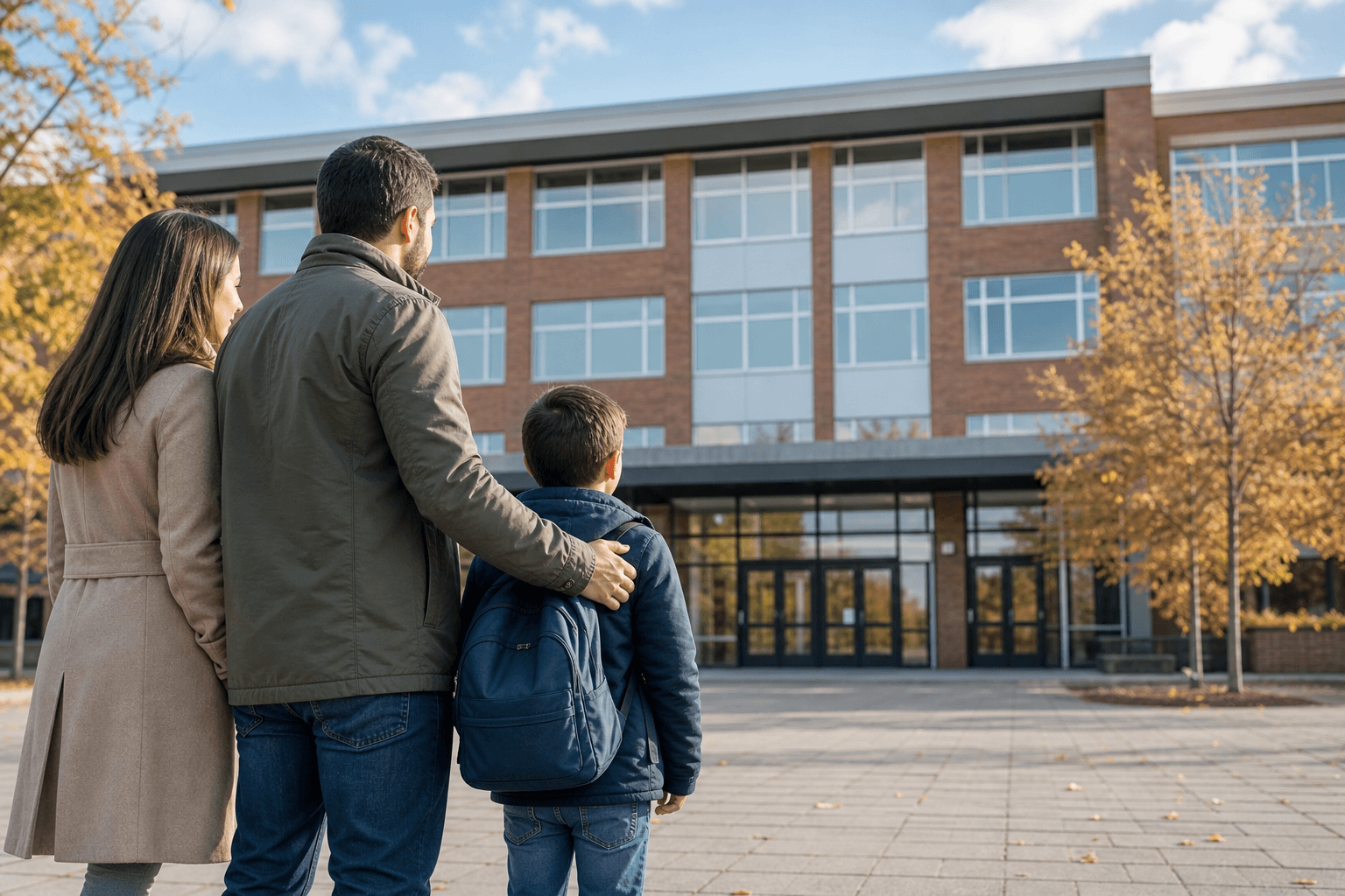 Ein Kind schaut neugierig auf ein großes Schulgebäude, während die Eltern unterstützend danebenstehen.