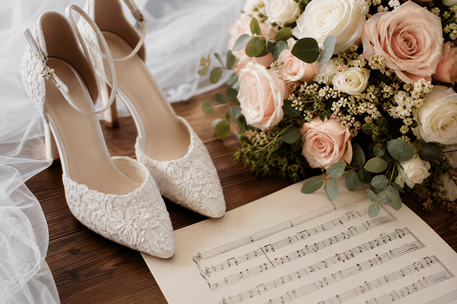 Brautschuhe, Blumenstrauß und Notenblatt mit personalisiertem Liedtitel