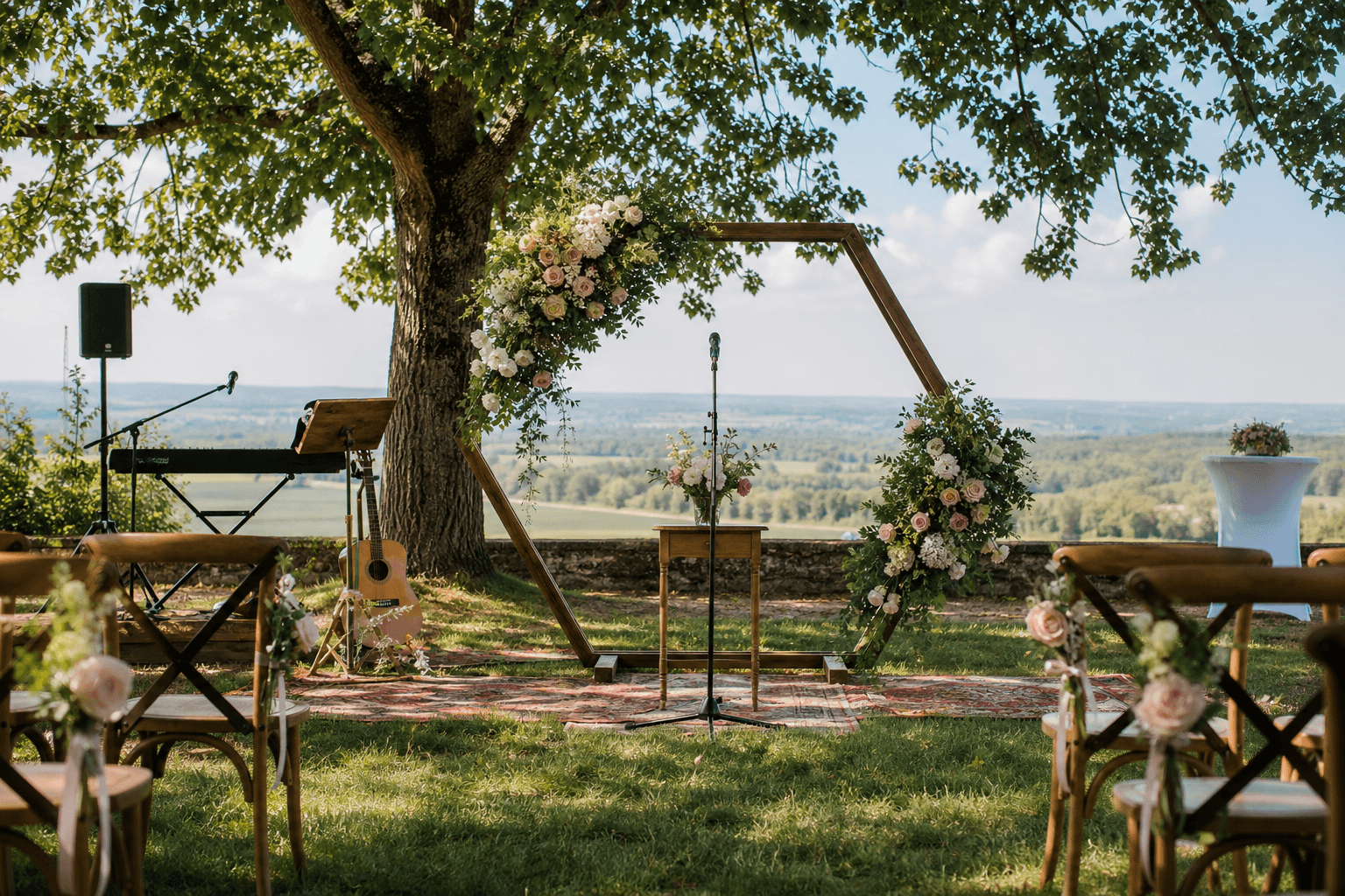 Musiker-Setup mit Mikrofon bei einer freien Trauung im Garten