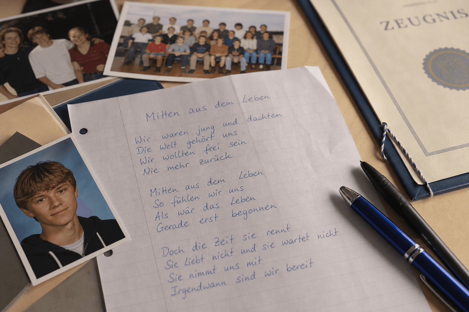 Handgeschriebener Songtext liegt neben Schulfotos, Stiften und einem Abschlusszeugnis auf einem Tisch.