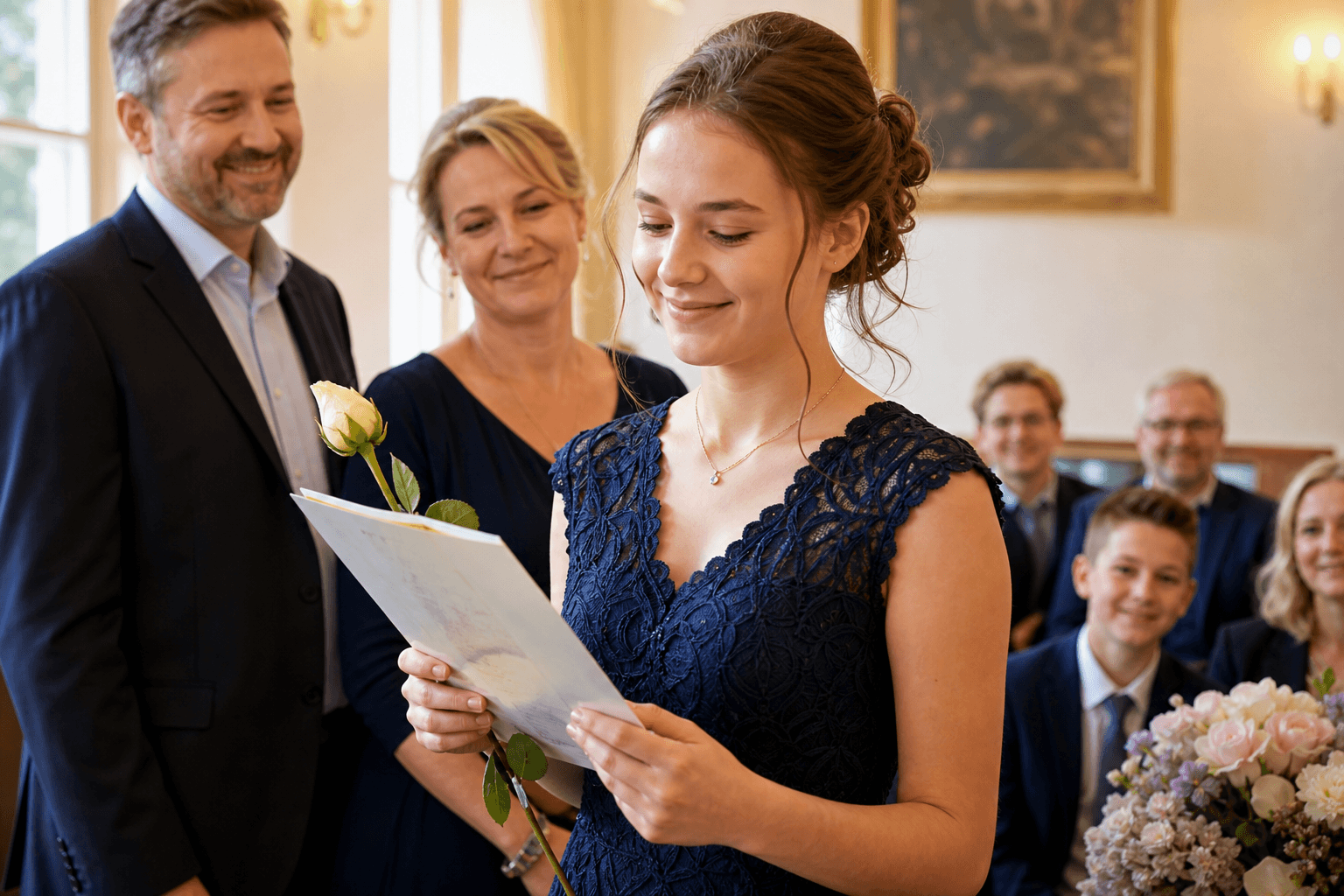 Festlich gekleideter Teenager bei einer emotionalen Jugendweihe-Feier mit Familie im Hintergrund