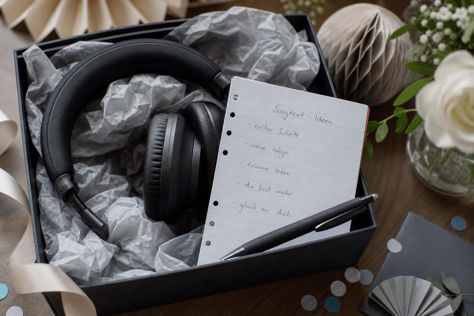 Geschenkbox mit Kopfhörern und Notizzettel mit Ideen für einen persönlichen Songtext