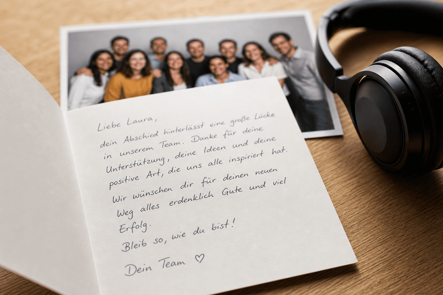 Handgeschriebene Abschiedskarte neben Teamfoto und Kopfhörern auf einem Schreibtisch