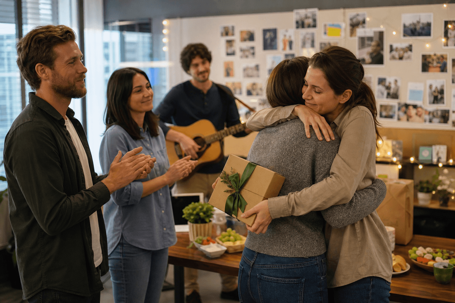 Kleines Team feiert im Büro den Abschied einer Kollegin vor einer Erinnerungswand