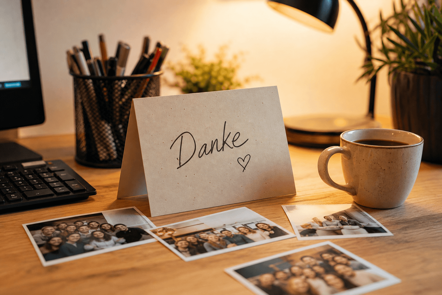 Warme Büroszene mit Kaffeebecher, Danke-Karte und Erinnerungsfotos eines Teams