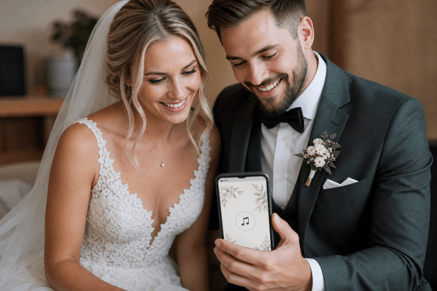 Modernes Brautpaar schaut gemeinsam auf ein Smartphone mit digitaler Hochzeitseinladung und Musik-Icon