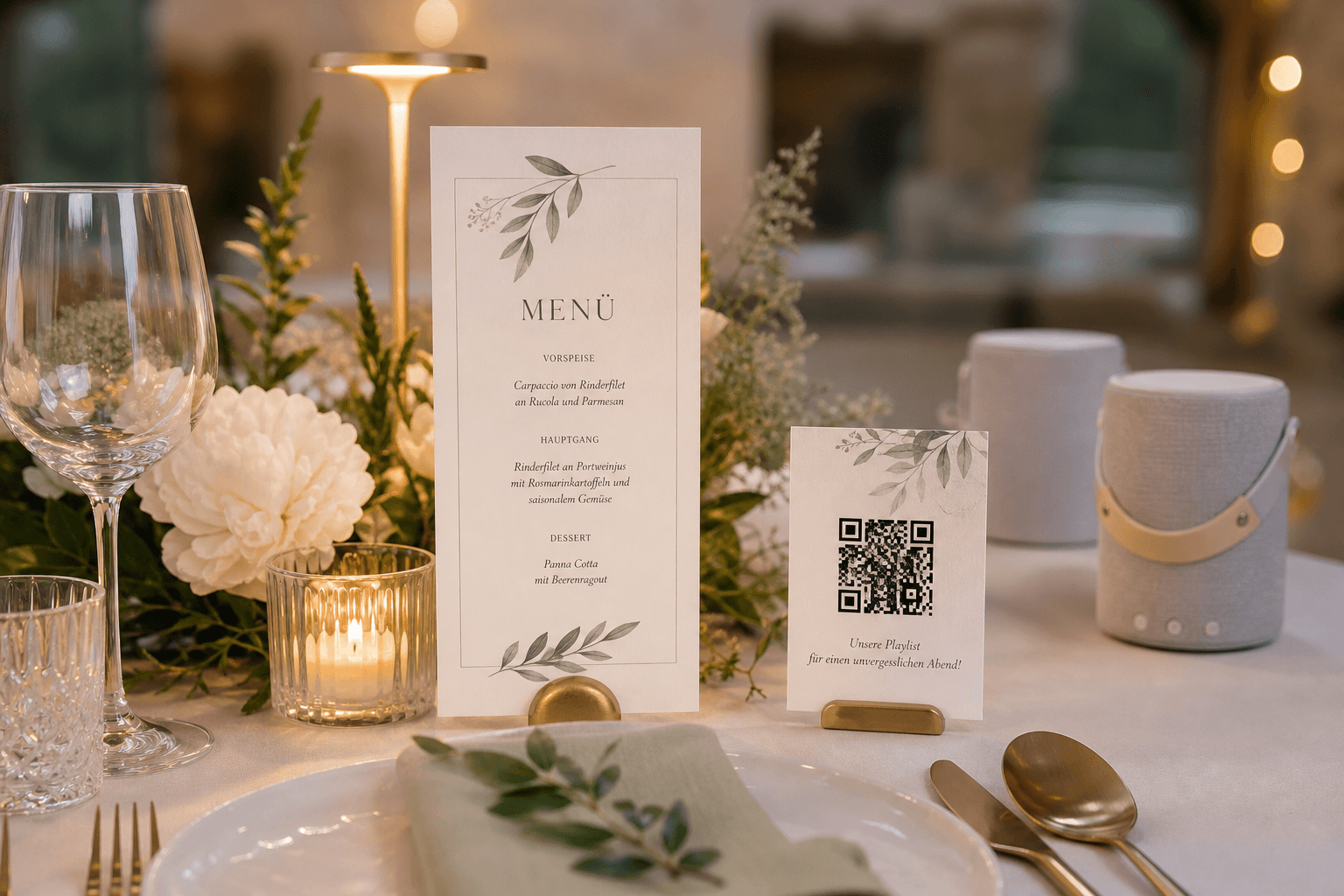 Hochzeitsdeko mit Menükarte, QR-Code zur Hochzeitsplaylist und kleinen Lautsprechern im Hintergrund