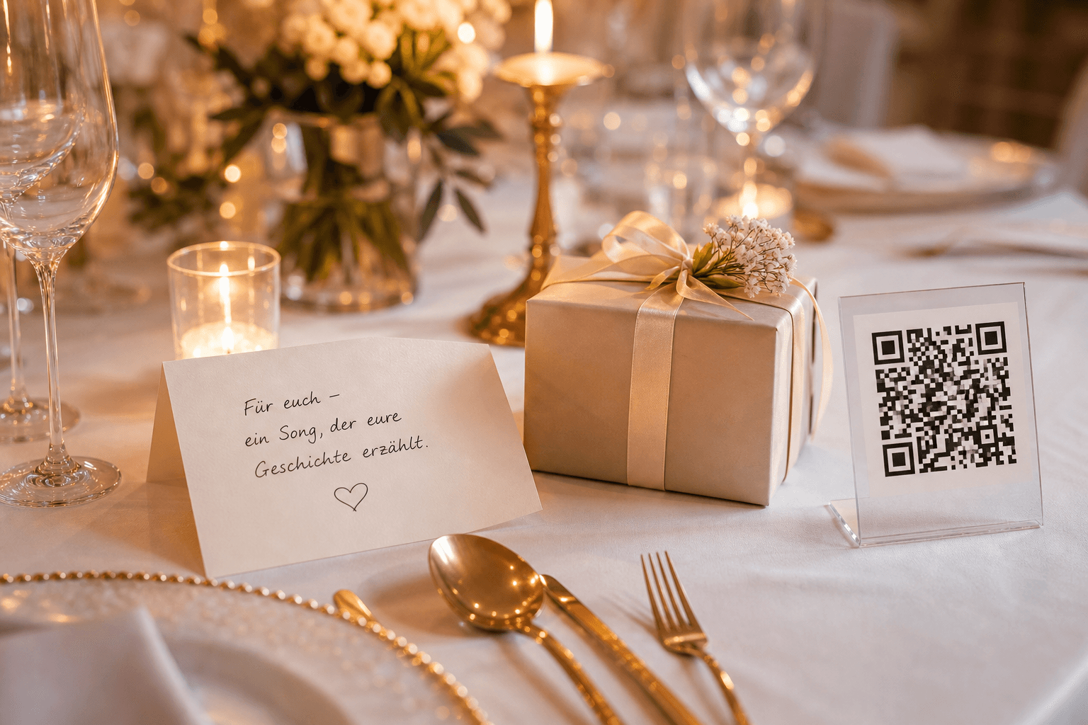Festlich gedeckter Hochzeitstisch mit Geschenkbox, Karte und QR-Code zum personalisierten Hochzeitssong.