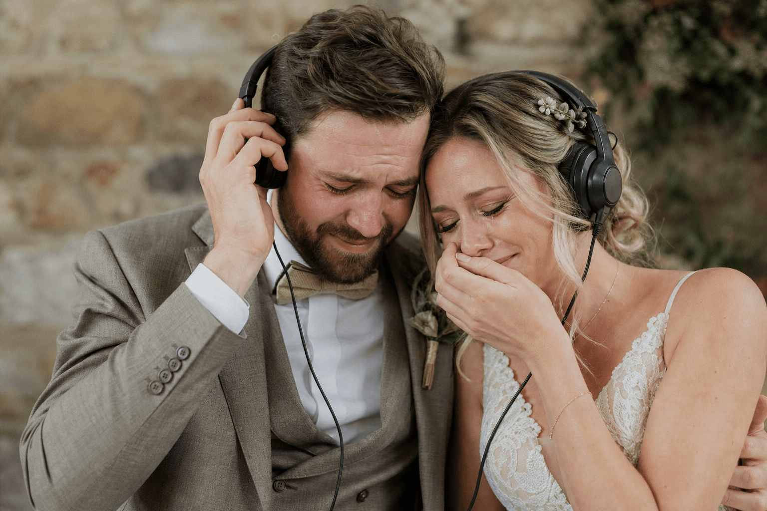 Brautpaar hört gemeinsam einen persönlichen Song über Kopfhörer und reagiert emotional.