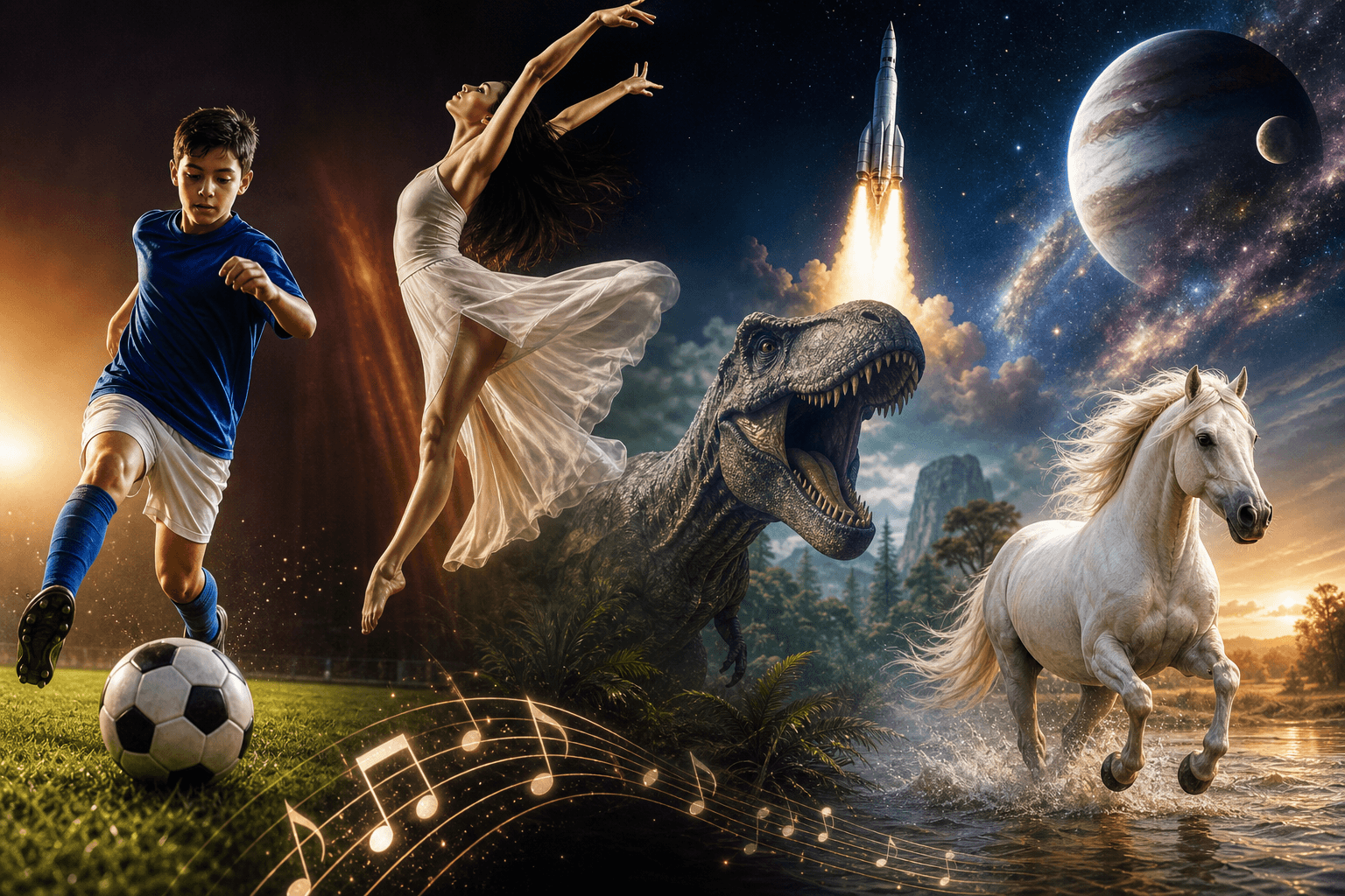 Illustrative Collage mit Symbolen für Fußball, Tanzen, Dinosaurier, Pferde, Weltraum und Musiknoten