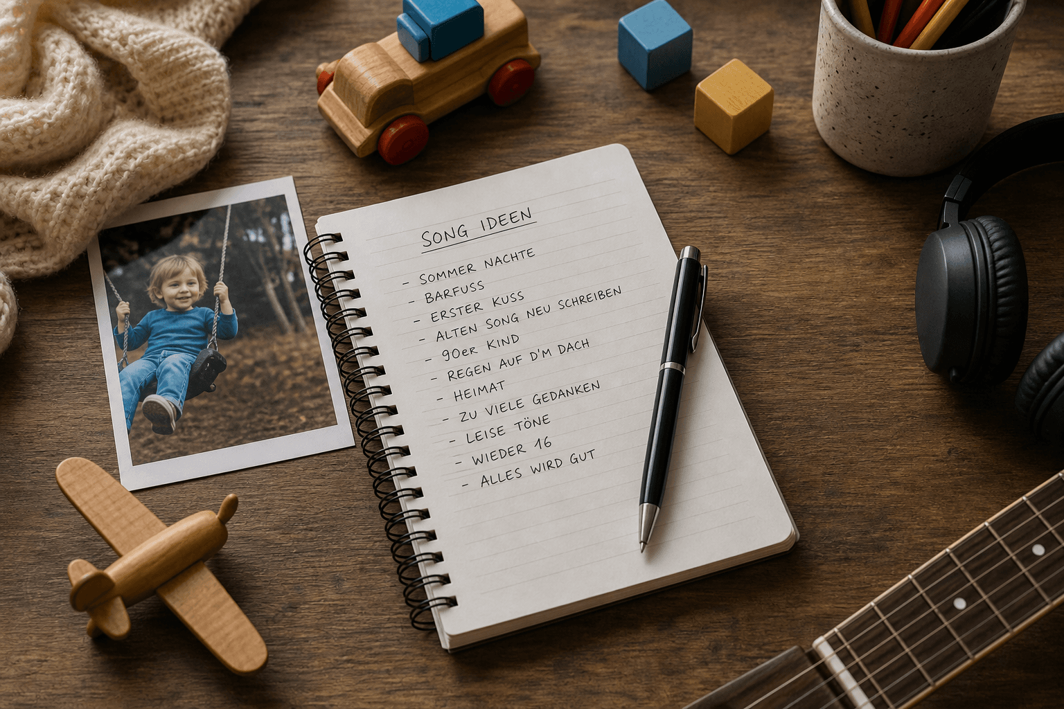 Kreatives Flatlay mit Notizbuch, Stift, Kinderfoto, Spielzeug und Ideenliste für ein persönliches Geburtstagslied