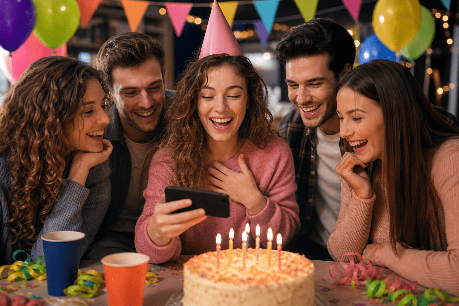 Fröhliches Geburtstagskind mit Partyhut hört mit Freunden ein Lied auf einer bunten Feier