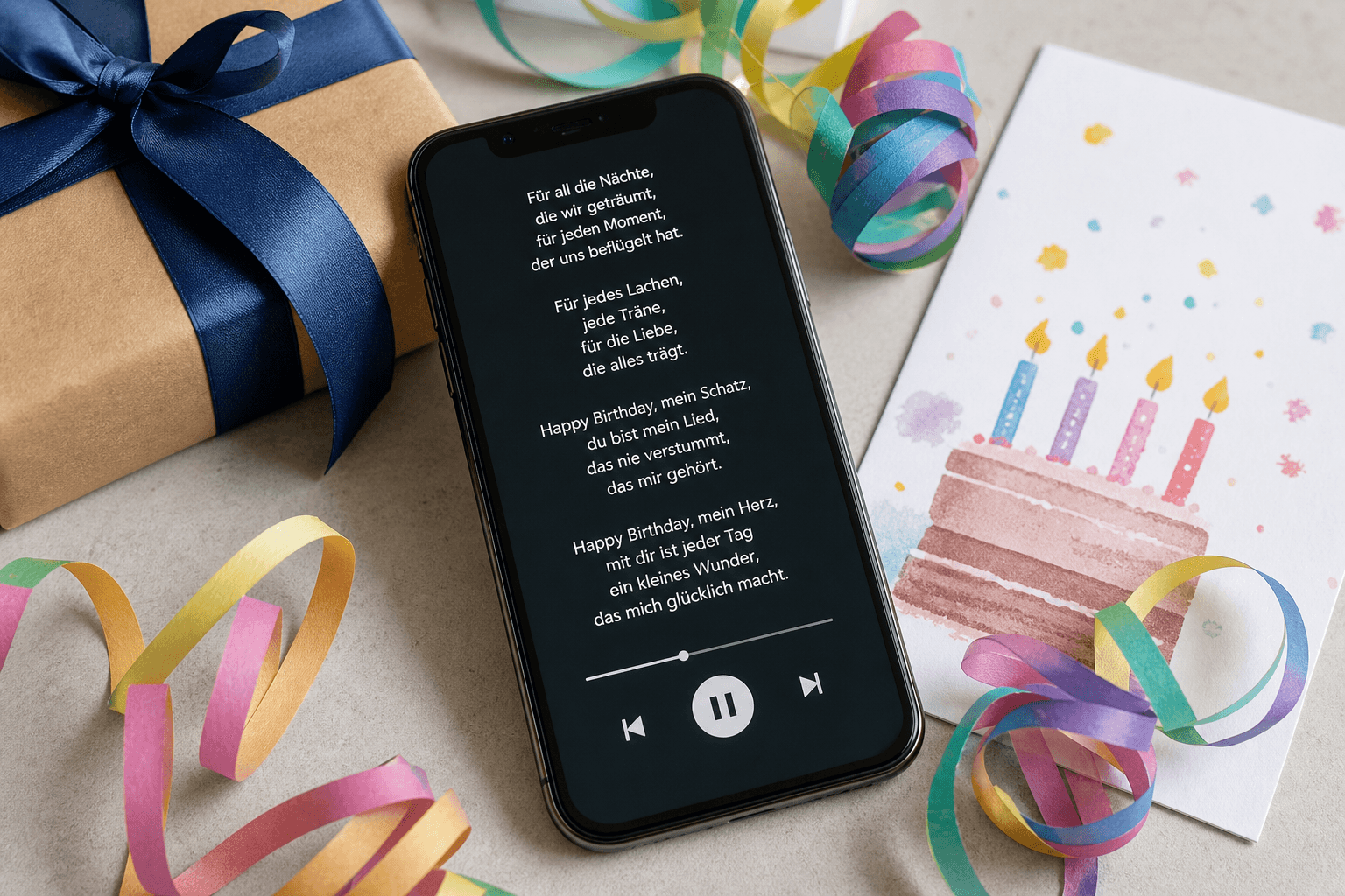 Personalisierter Songtext auf einem Smartphone neben Geschenk, Luftschlangen und Geburtstagskarte
