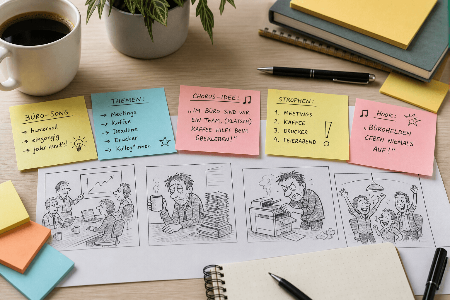 Kreativer Schreibtisch mit Haftnotizen zu Büro-Insidern, Kaffeetasse und Comiczeichnungen