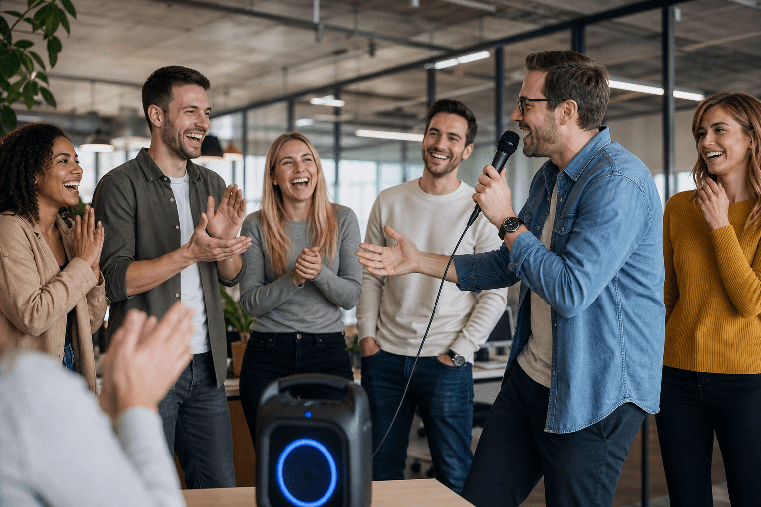 Fröhliches Team lacht im Büro bei einer Überraschung mit Mikrofon und Lautsprecher