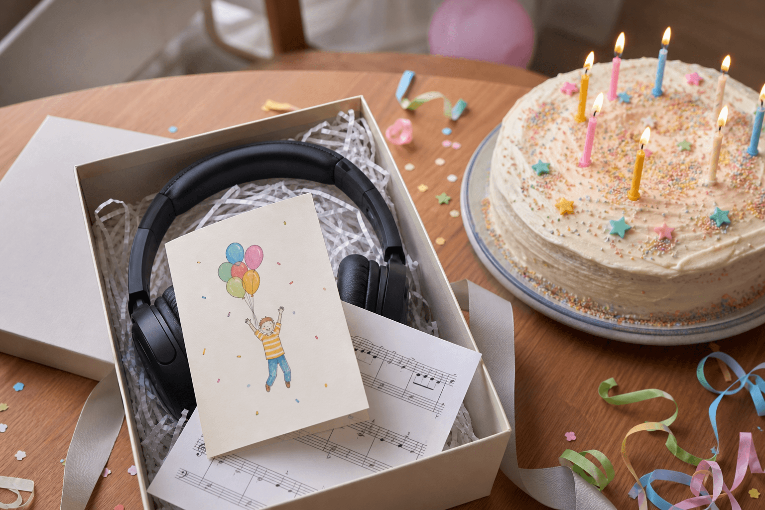 Geschenkbox mit Kopfhörern, persönlicher Karte und Musiknoten neben einem Kindergeburtstagskuchen.