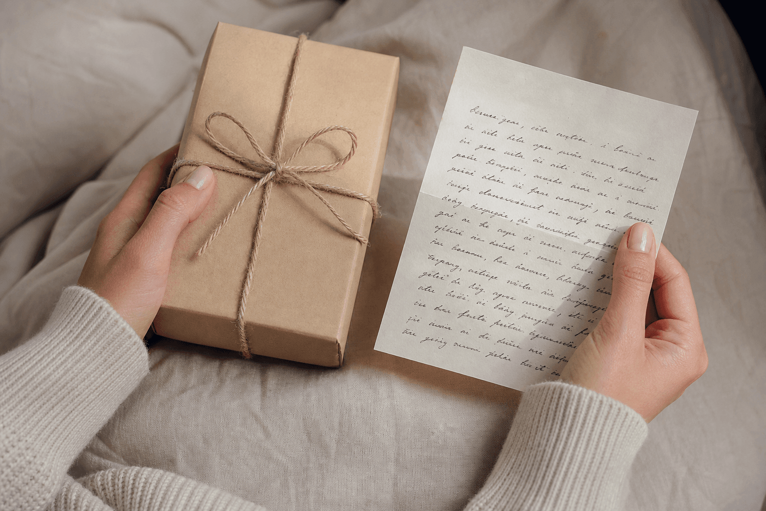 Nahaufnahme zweier Hände mit Geschenk und Liebesbrief