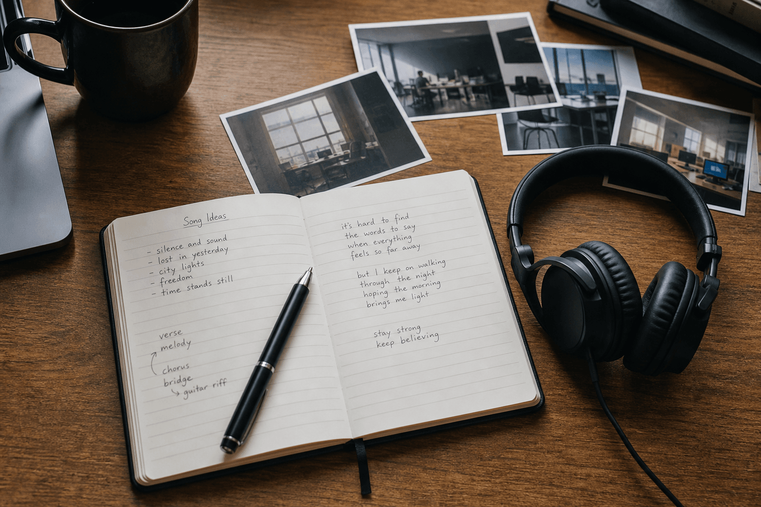 Notizbuch mit Ideen für einen Abschiedssong, Büroalltagsfotos und Kopfhörer auf einem Schreibtisch