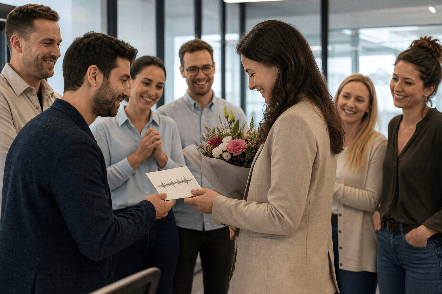 Team überreicht einer Kollegin im Büro Blumen, Karte und einen persönlichen Abschiedssong