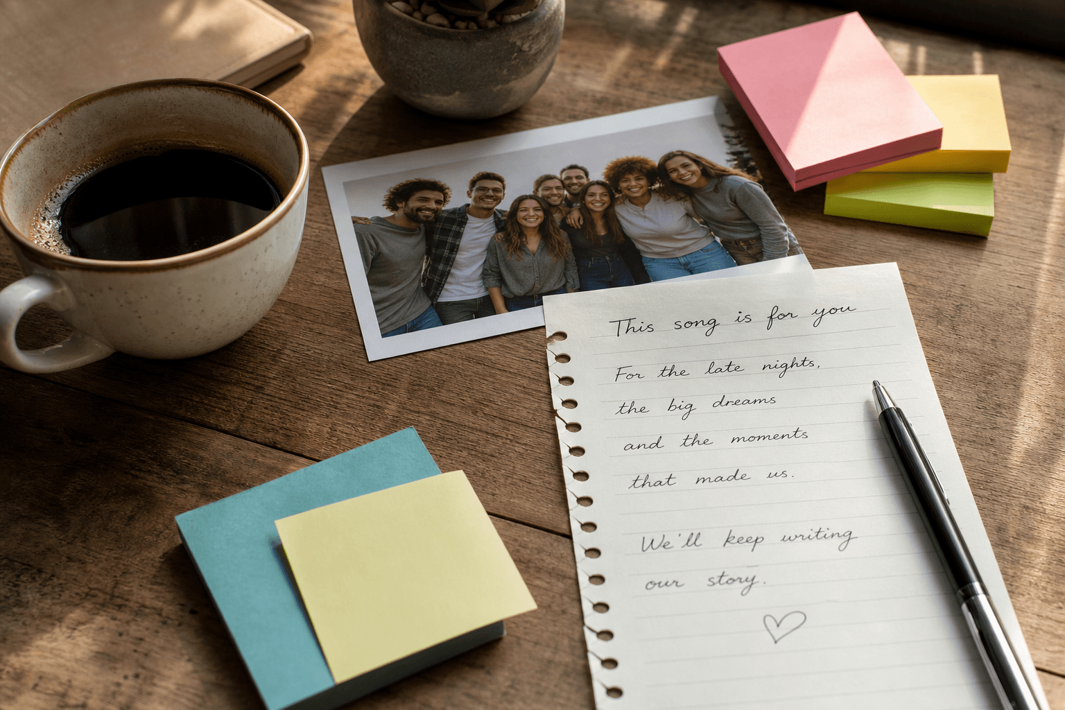 Stimmungsvolle Collage mit Kaffeetasse, Teamfoto, Haftnotizen und handgeschriebener Songbotschaft