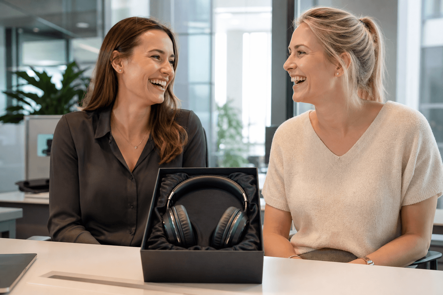 Zwei Kolleginnen lachen in einem hellen Büro neben einer Geschenkbox mit Kopfhörern