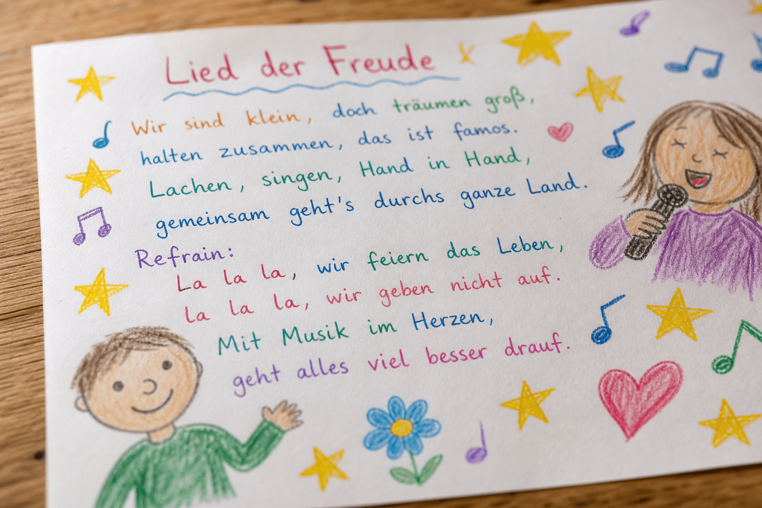 Bunter handgeschriebener Liedtext mit Sternen, Noten und Kinderzeichnungen