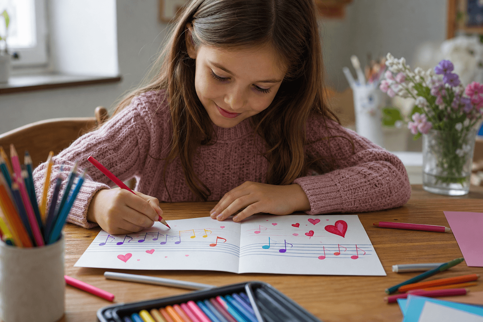 Kind gestaltet eine Geburtstagskarte mit Noten und Herzchen am Tisch