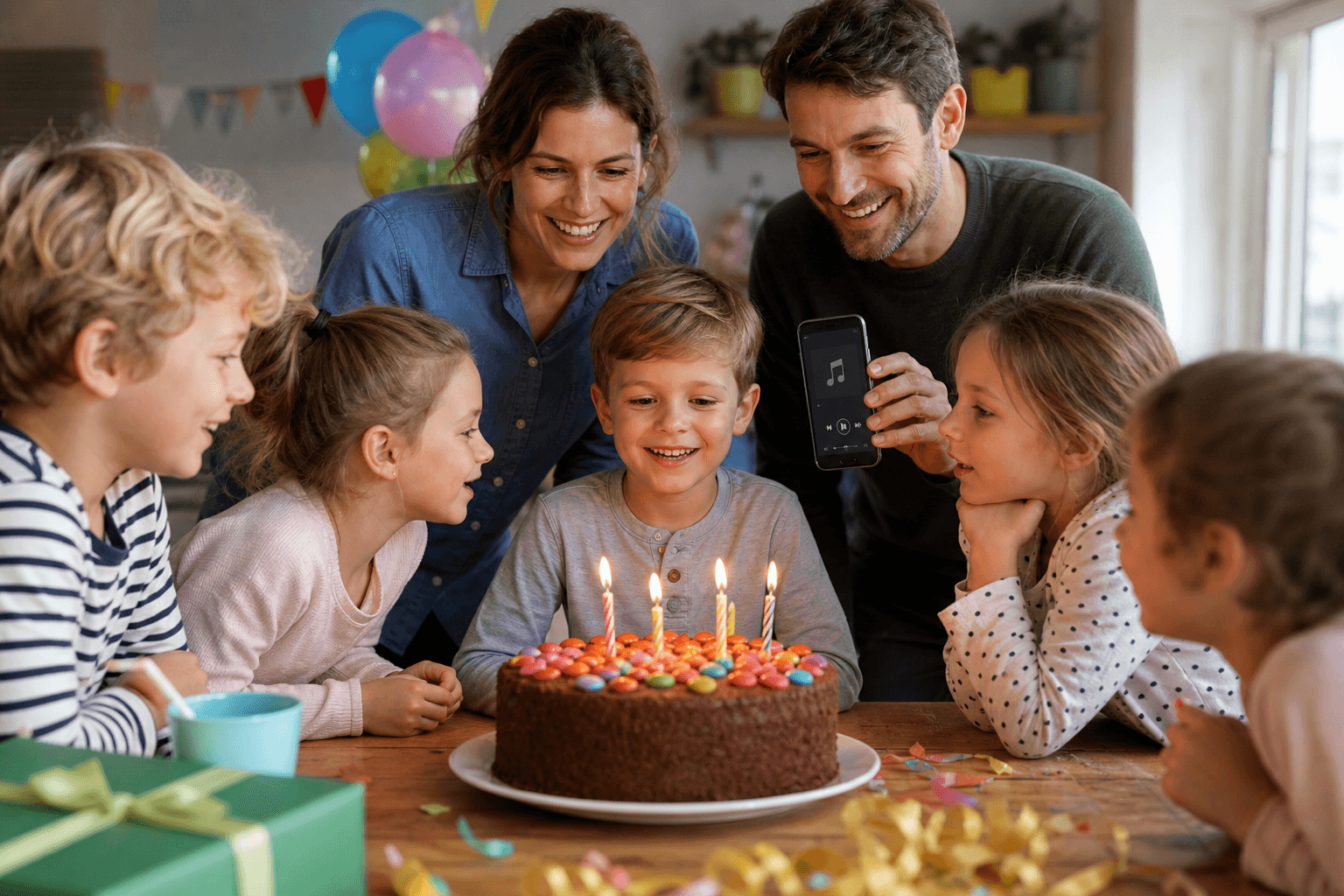 Kinder und Familie sitzen um einen Geburtstagskuchen, während ein Elternteil Musik vom Handy abspielt