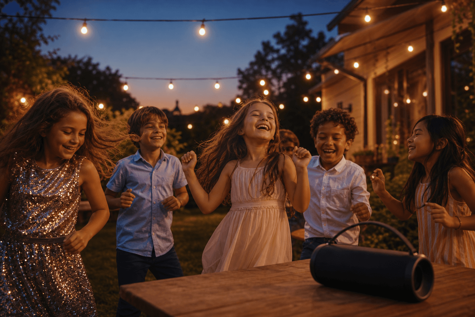 Lachende Kinder bei einer abendlichen Party mit Lichterkette und kleinem Lautsprecher